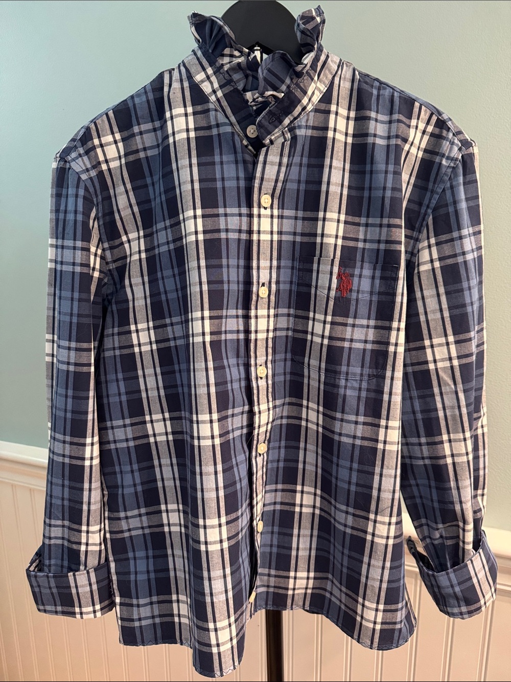 Reimagined Navy Plaid Button-Up Blouse with Ruffled Collar.NWT